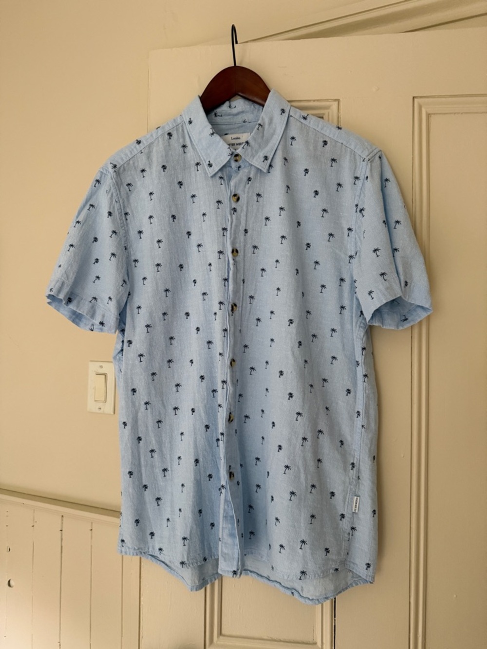 Peter Werth UK Men's Light Blue Palm SS Cotton & Linen Shirt. Sz Lrg. SUMMER!